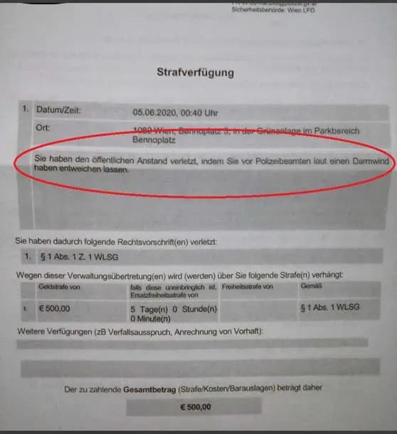 Громкое испускание газов в присутствии сотрудников полиции: штраф 500 евро