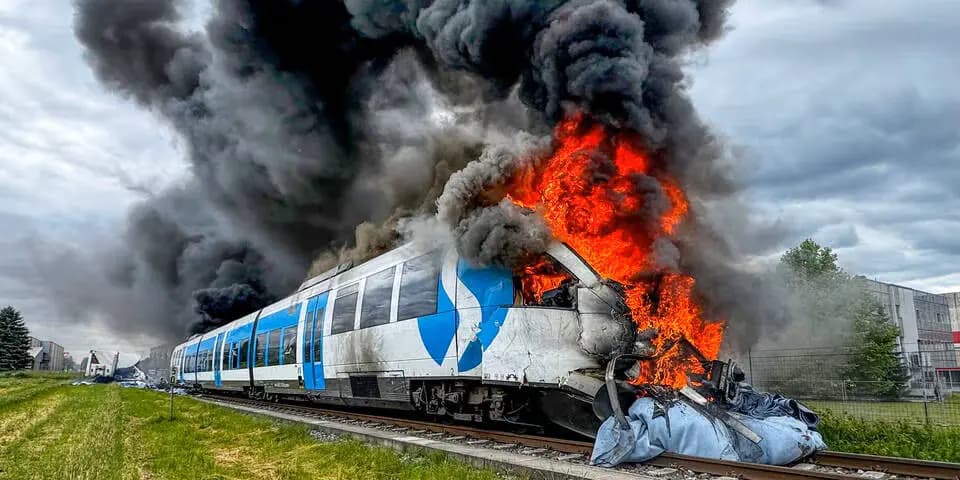 Поезд врезался в грузовик: один человек тяжело ранен, пожар охватил оба транспортных средства